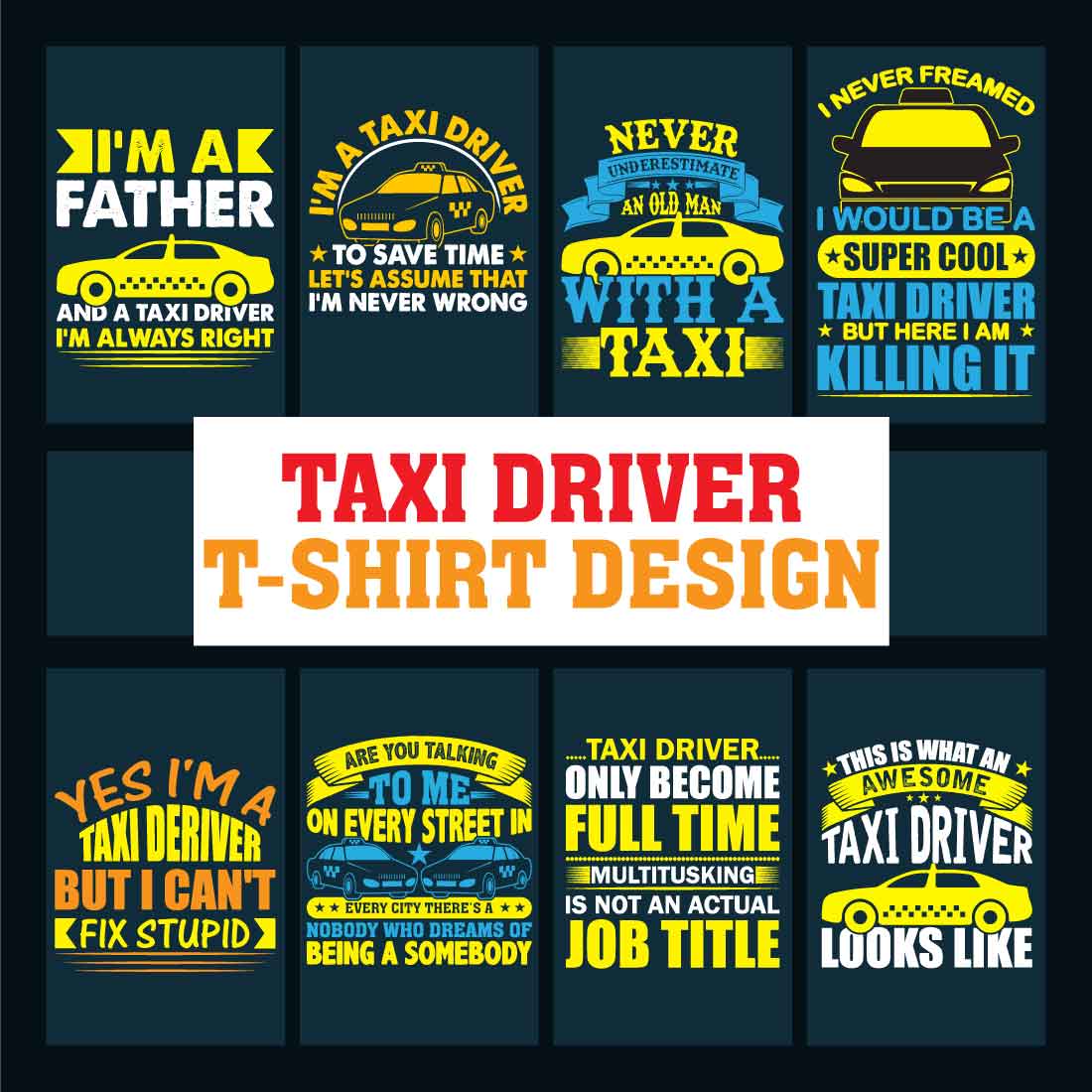 Pack of charming images for prints on the theme of driving a taxi