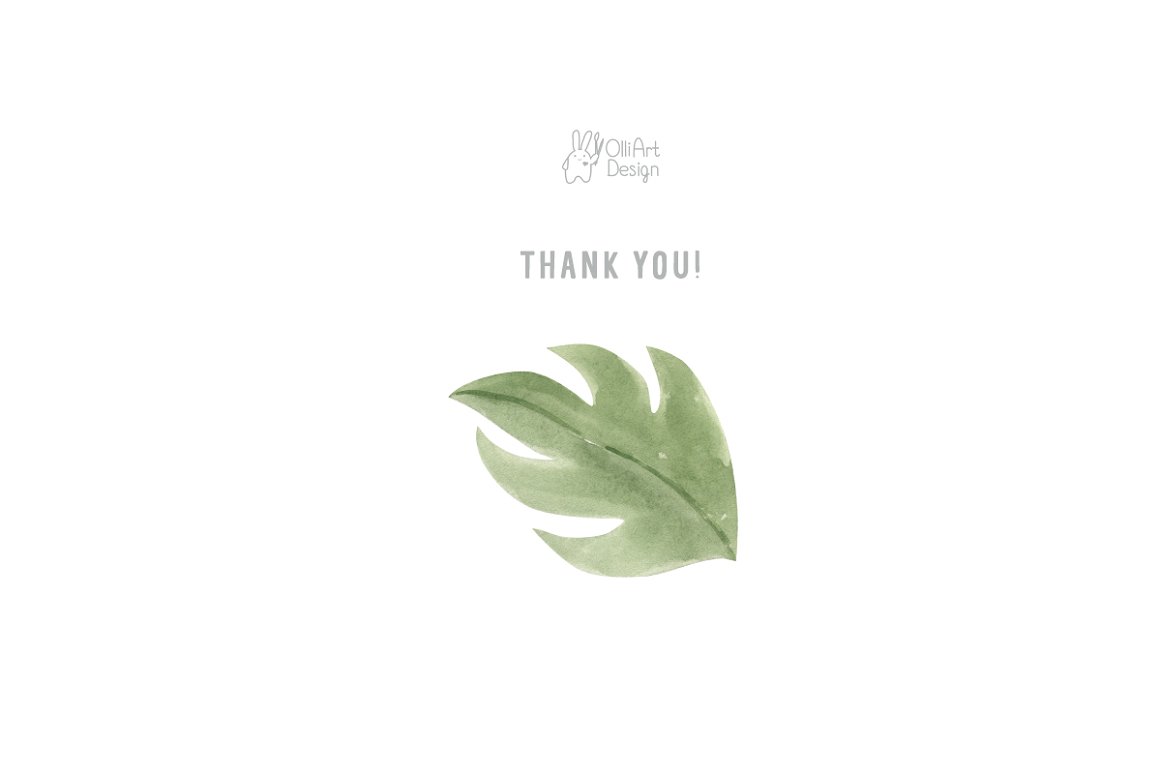 Gray letetring "Thank you" and watercolor illustration of leaf on a white background.
