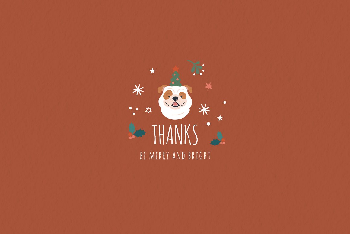 White letetring "Thanks Be Merry And Bright" and illustration of christmas dog on a dirty red background.