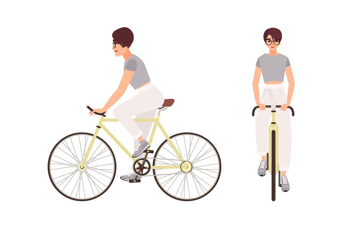 2 illustrations of girl riding bicycle in the side and front on a white background.