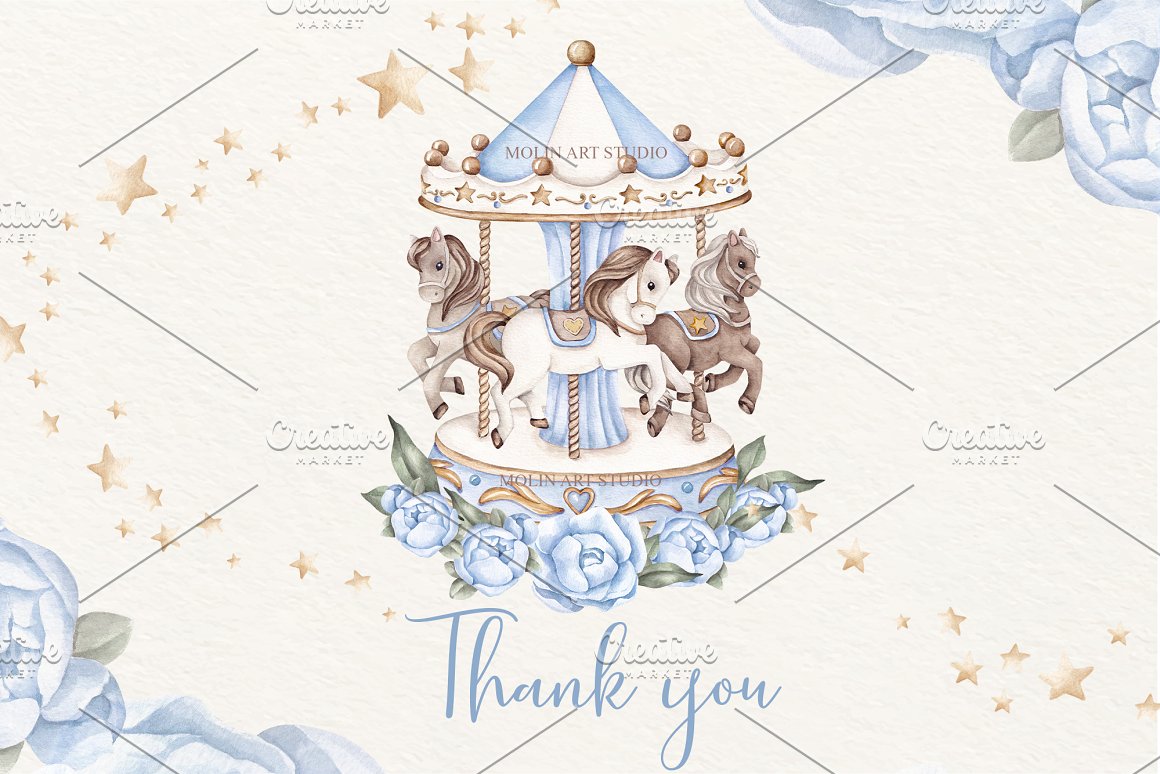 Blue lettering "Thank you" and carousel illustration.