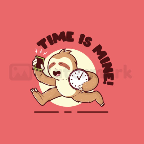 Gorgeous image of sloth with alarm clock and phone