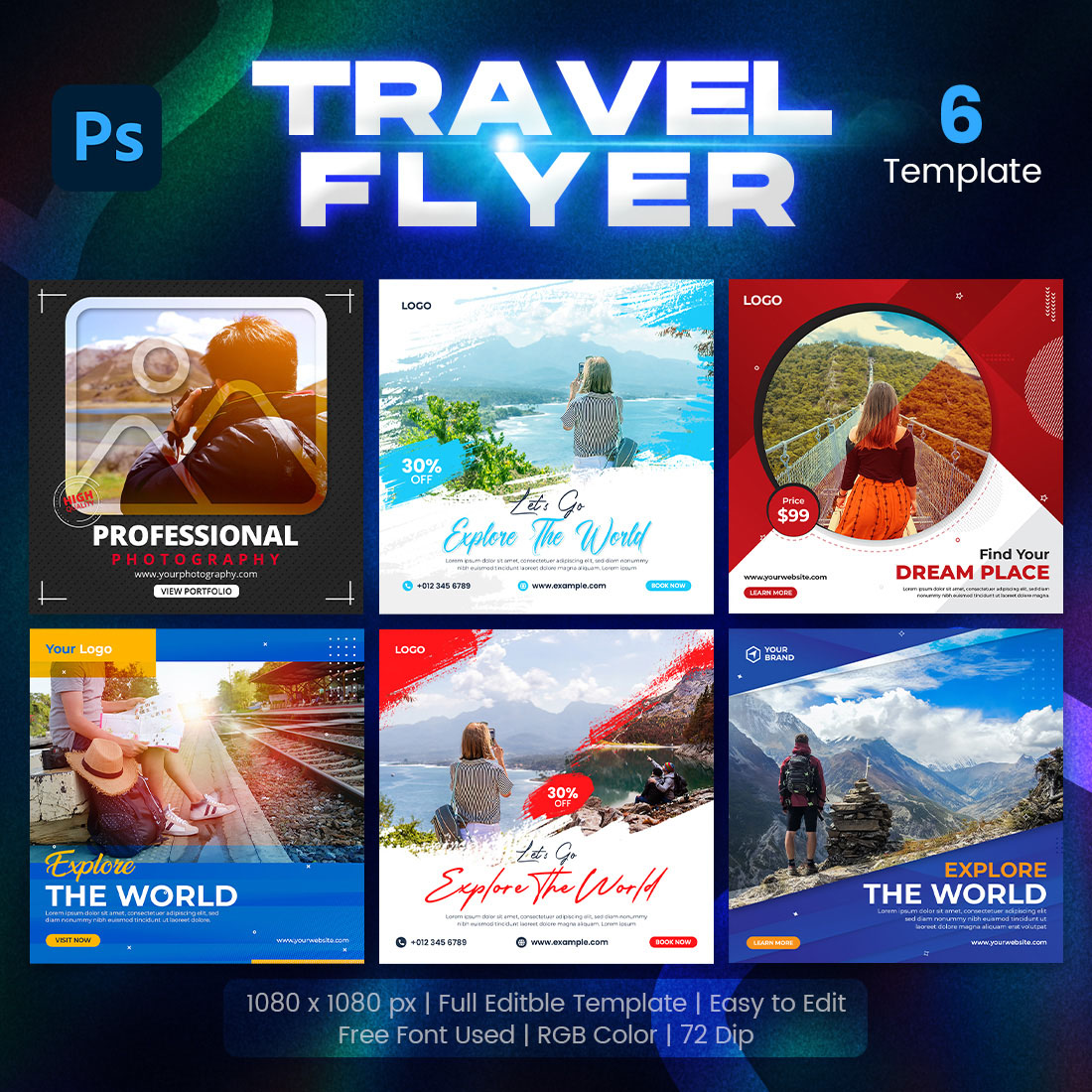 Travel and Tourism Instagram Post or Social Media Post 6 Set Template main cover.