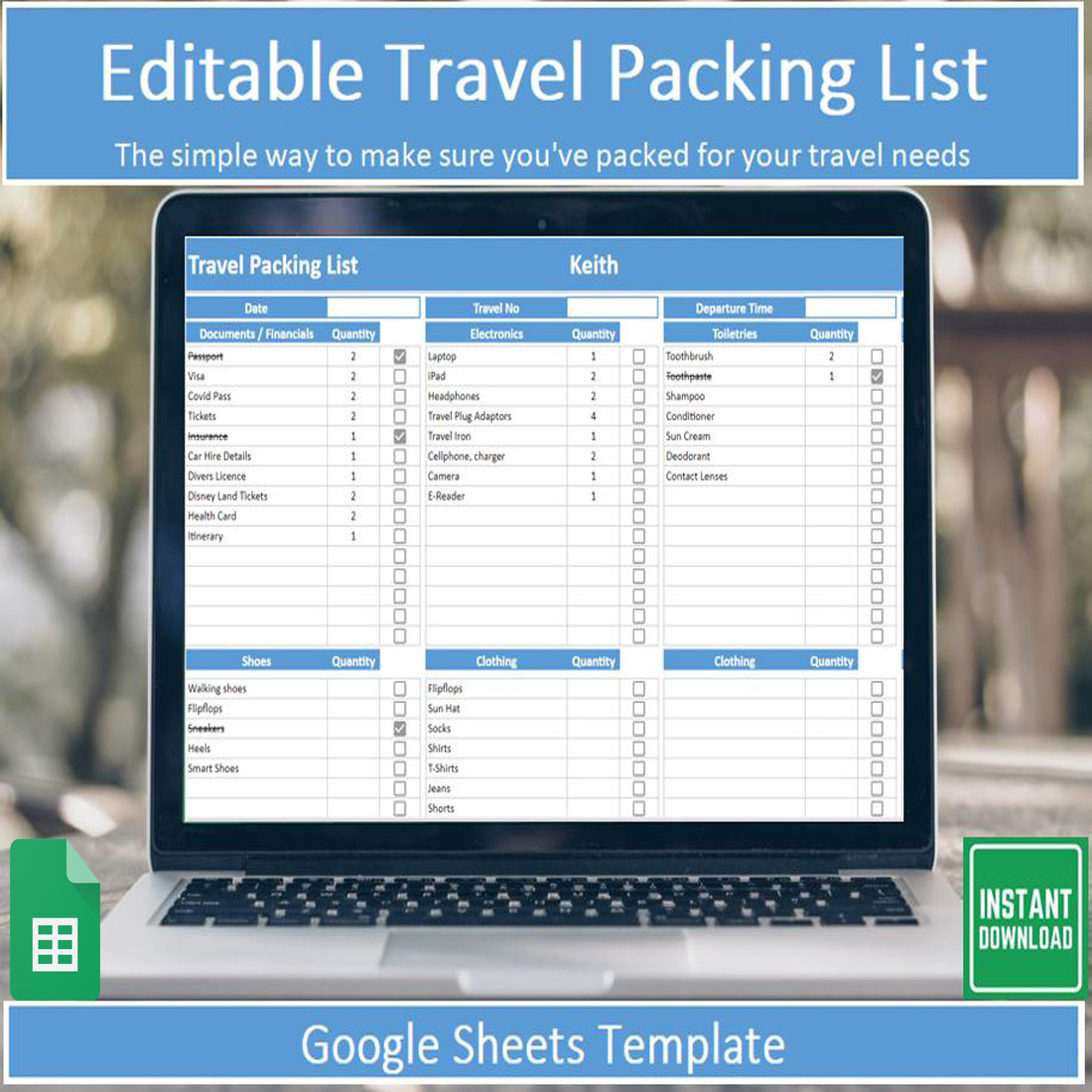 Editable Travel Packing List Template for Google Sheets cover image.
