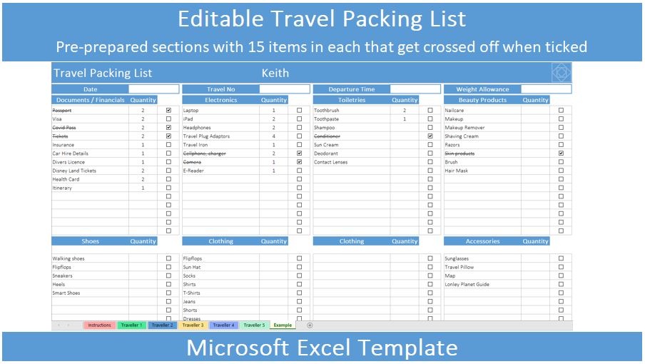 Editable Travel Packing List Template for Microsoft Excel preview image.