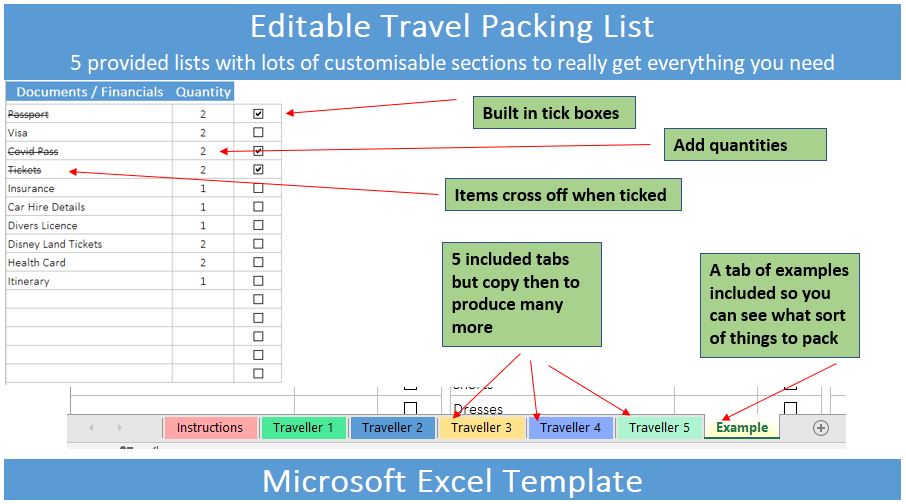 Travel Packing List Editable Template for Microsoft Excel preview image.