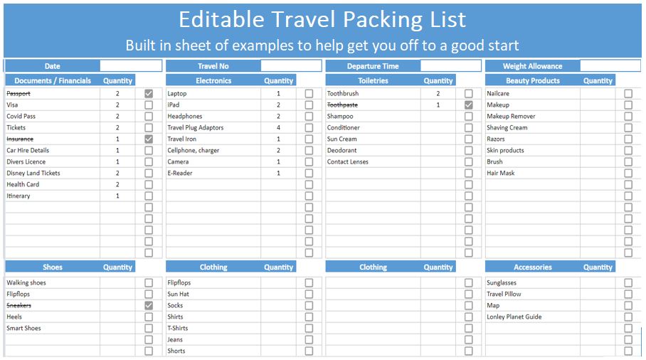 Travel Packing List Template Editable for Google Sheets preview image.