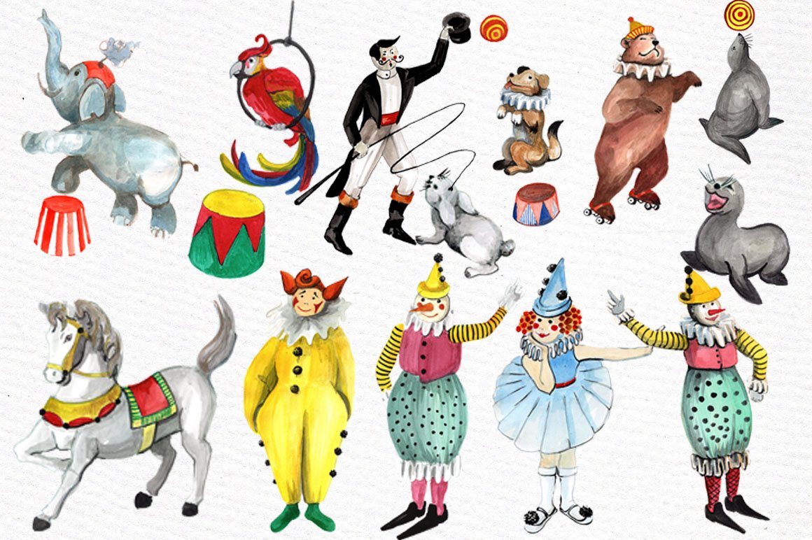Collection of different watercolor illustrations of circus characters.