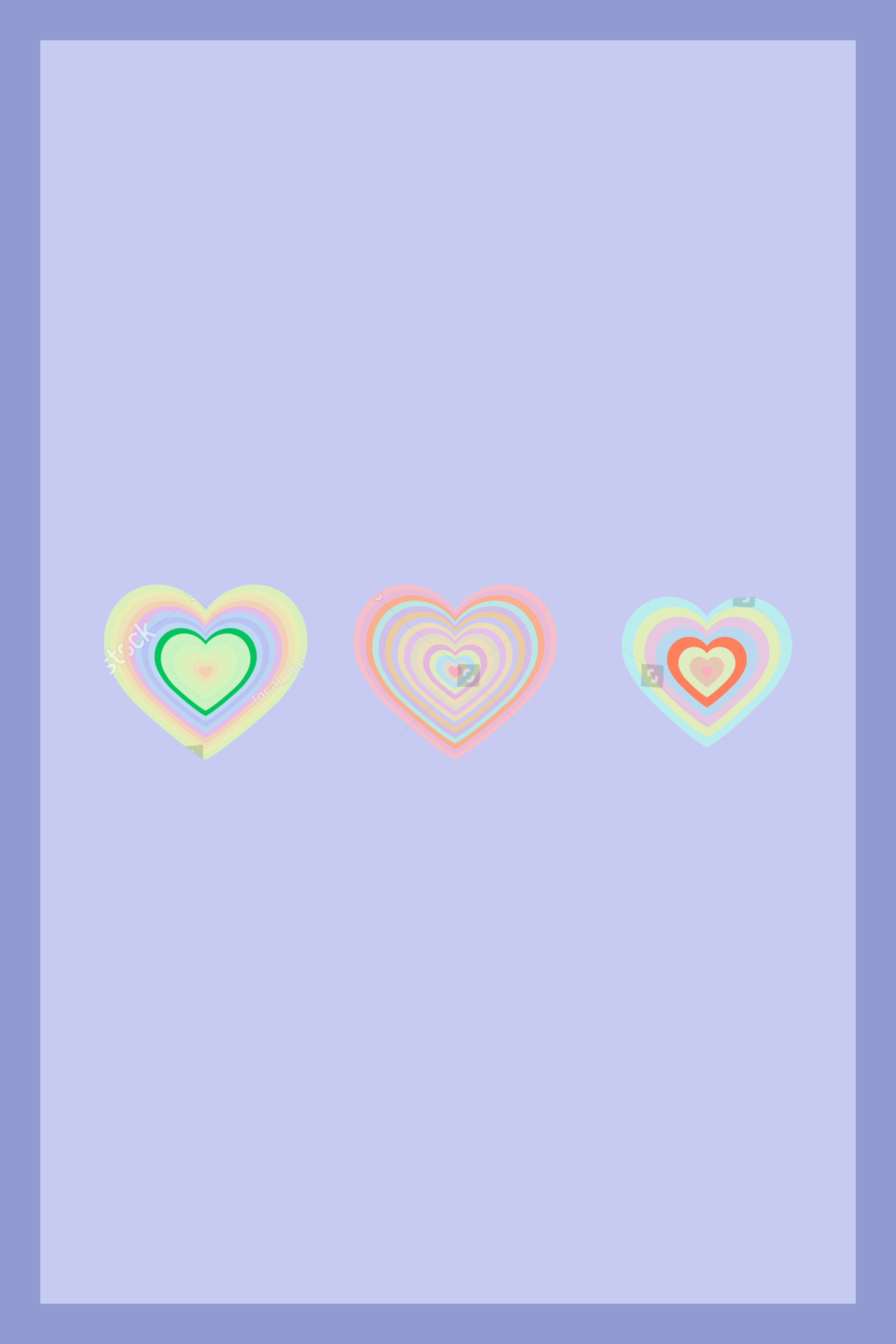 Three hearts made of concentric lines in pastel colors.
