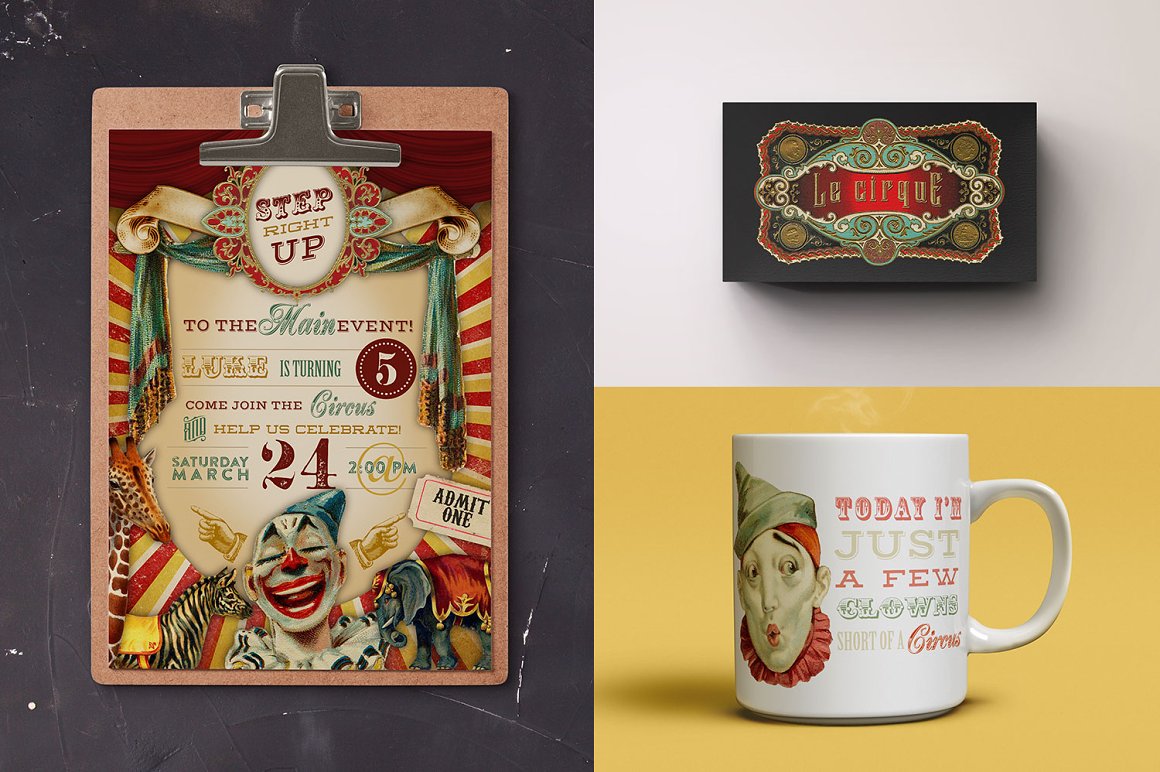 Black visiting cards, white cup and colorful flyer with circus illustrations.