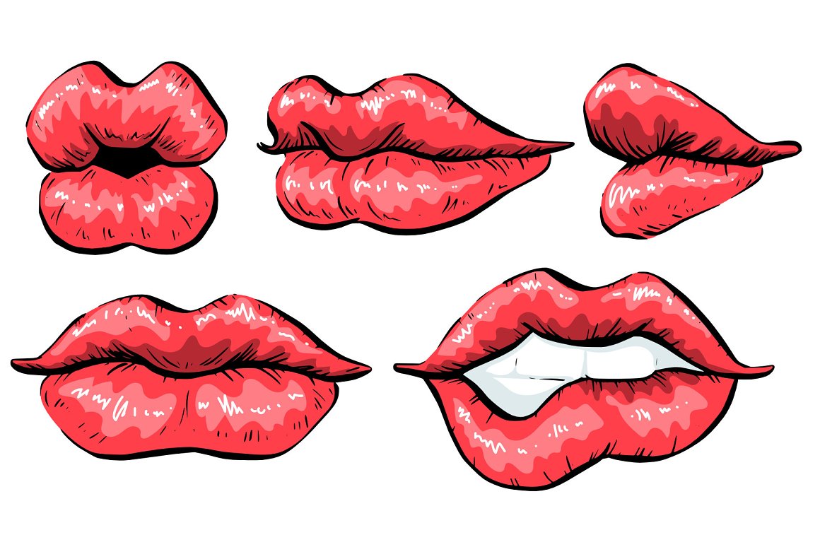 A set of 5 different red lips on a white background.