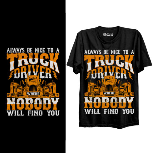 Image of a t-shirt with a colorful truck print and a slogan