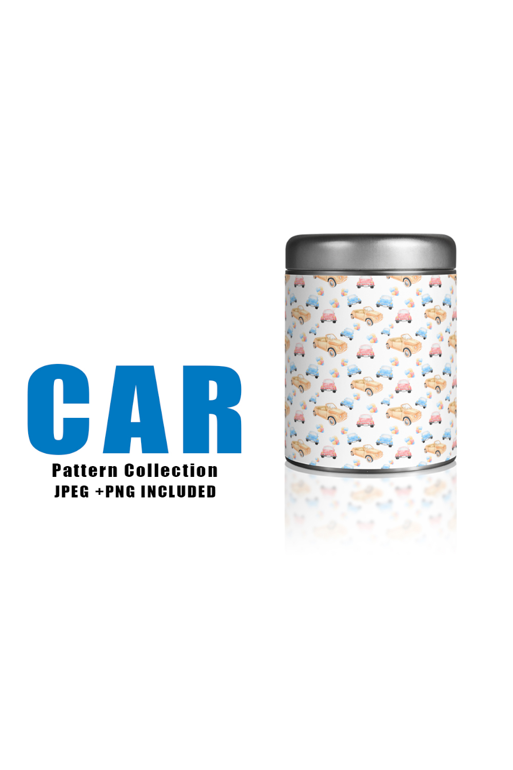 Image of a jar with colorful car patterns