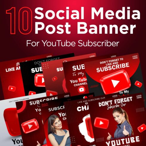 10 Social Media Post Banner For YouTube Subscriber PSD Template main cover.