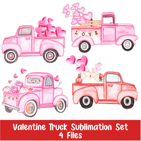 A selection of colorful watercolor images of pink trucks