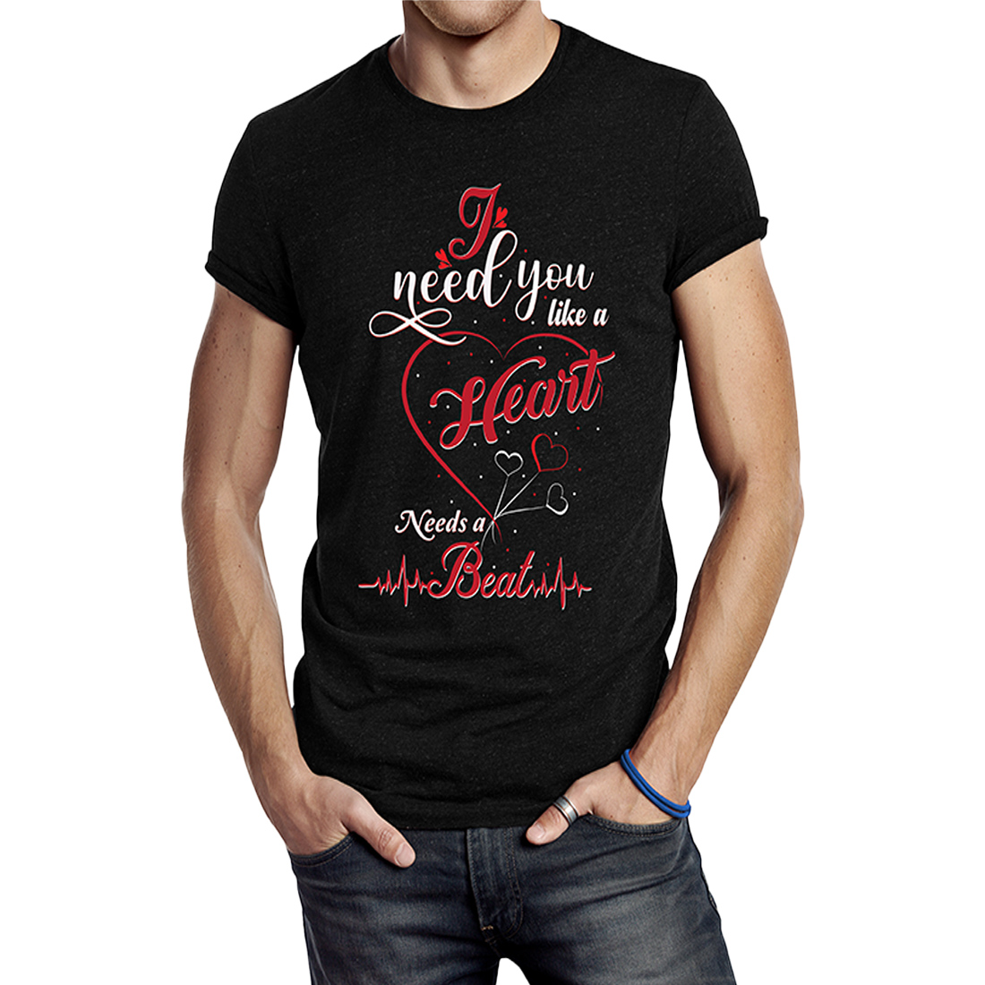 Image of a black T-shirt with a charming inscription I need you like a heart needs a beat