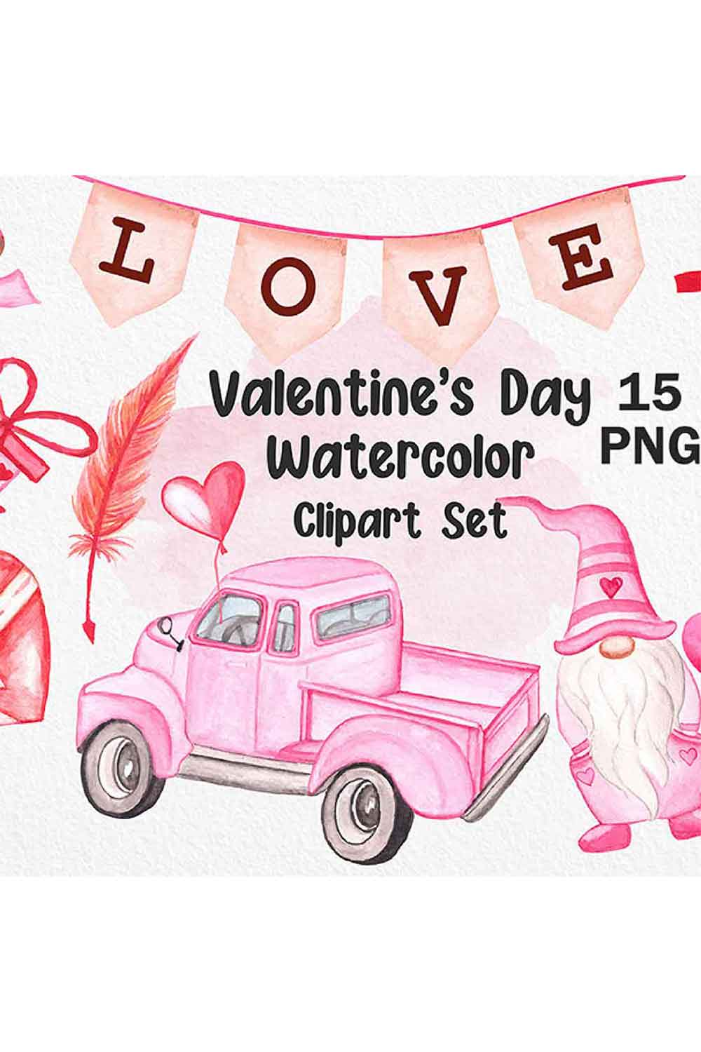 A pack of unique watercolor images on the theme of Valentines Day