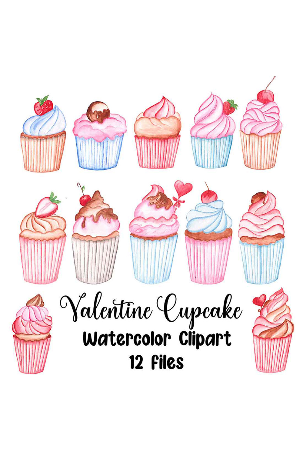 Pack of enchanting watercolor images of cupcakes