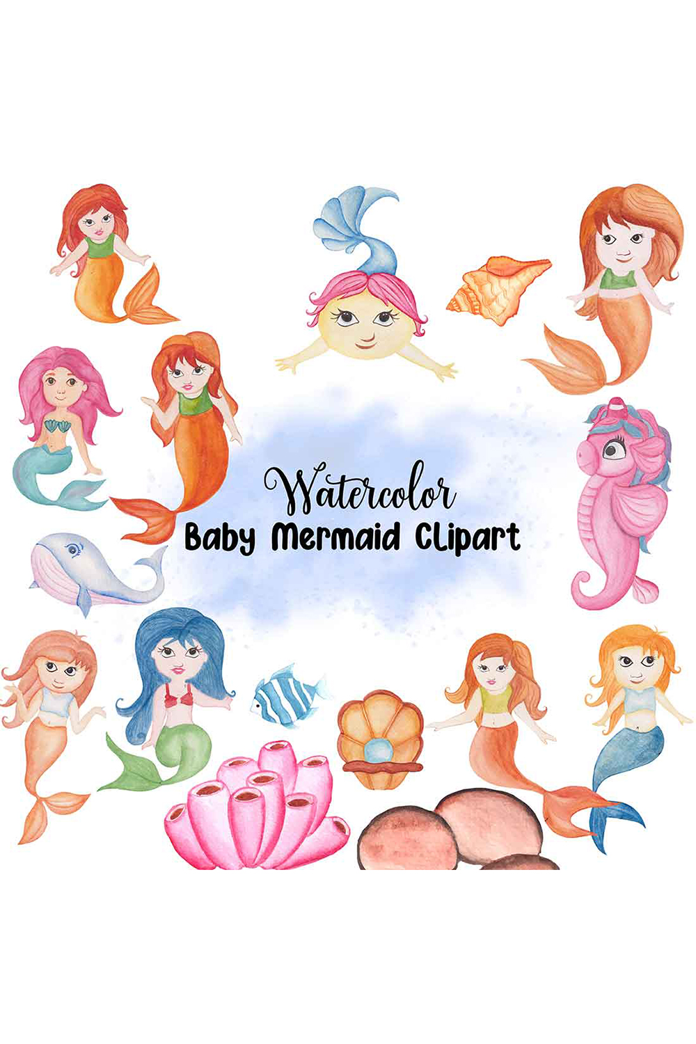 Baby Mermaid Watercolor Clipart Design pinterest image.
