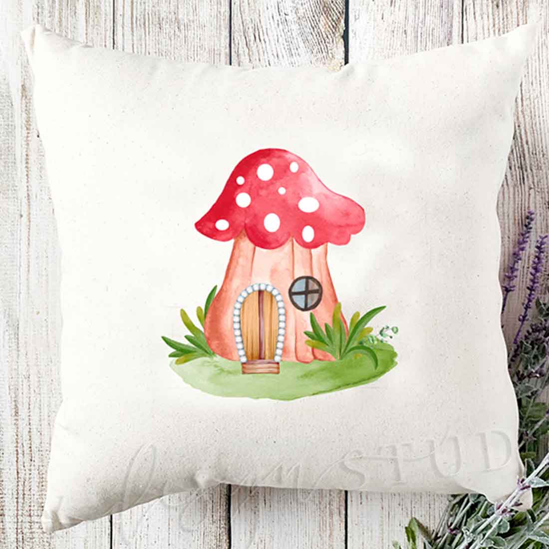 Image of a pillow with a wonderful print of the house of the gnomes