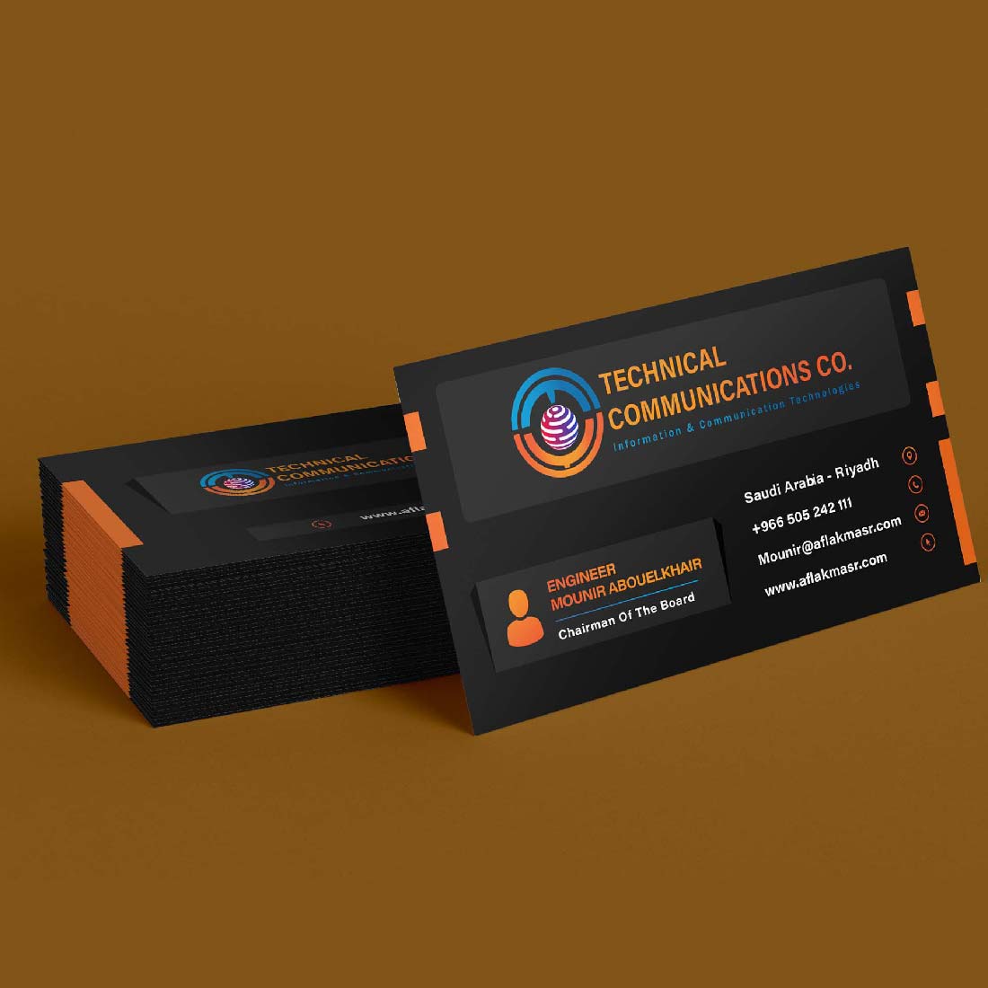Minimalistic business cards with orange lines and logo.