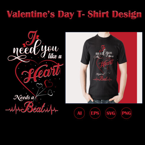 Image of a black t-shirt with an amazing inscription I need you like a heart needs a beat