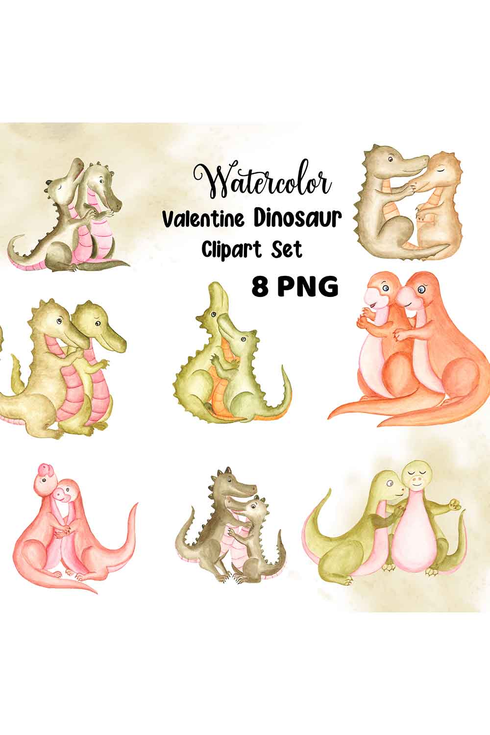 Collection of unique watercolor images of a couple of dinosaurs