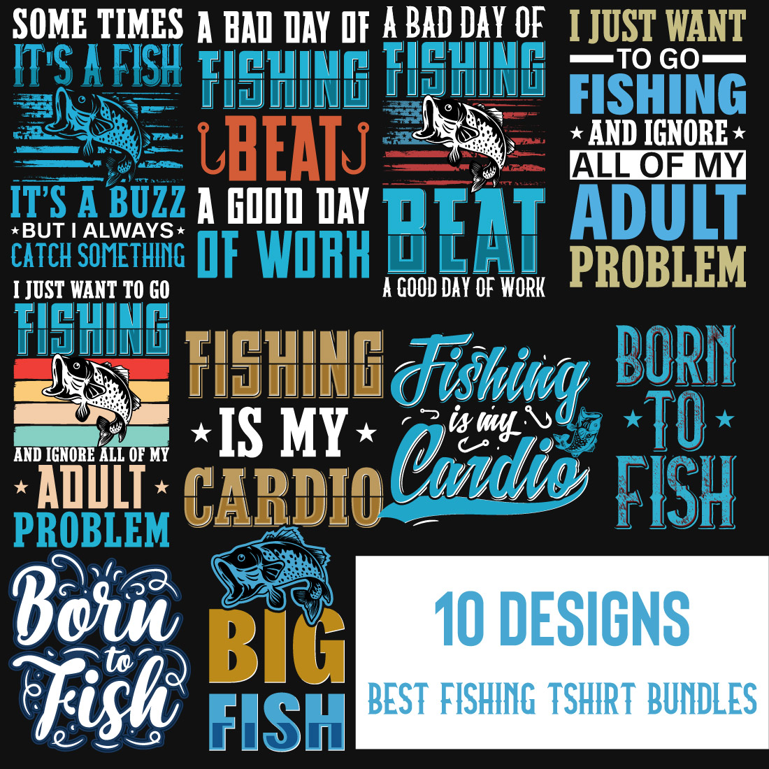 10 Fishing T-Shirt Designs Bundle