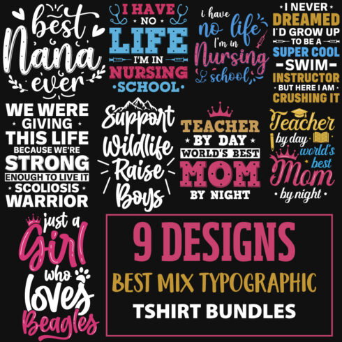 9 Best Mix Typography T-Shirt Designs Bundle main cover