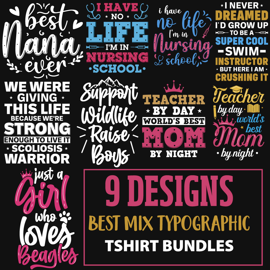 9 Best Mix Typography T-Shirt Designs Bundle main cover