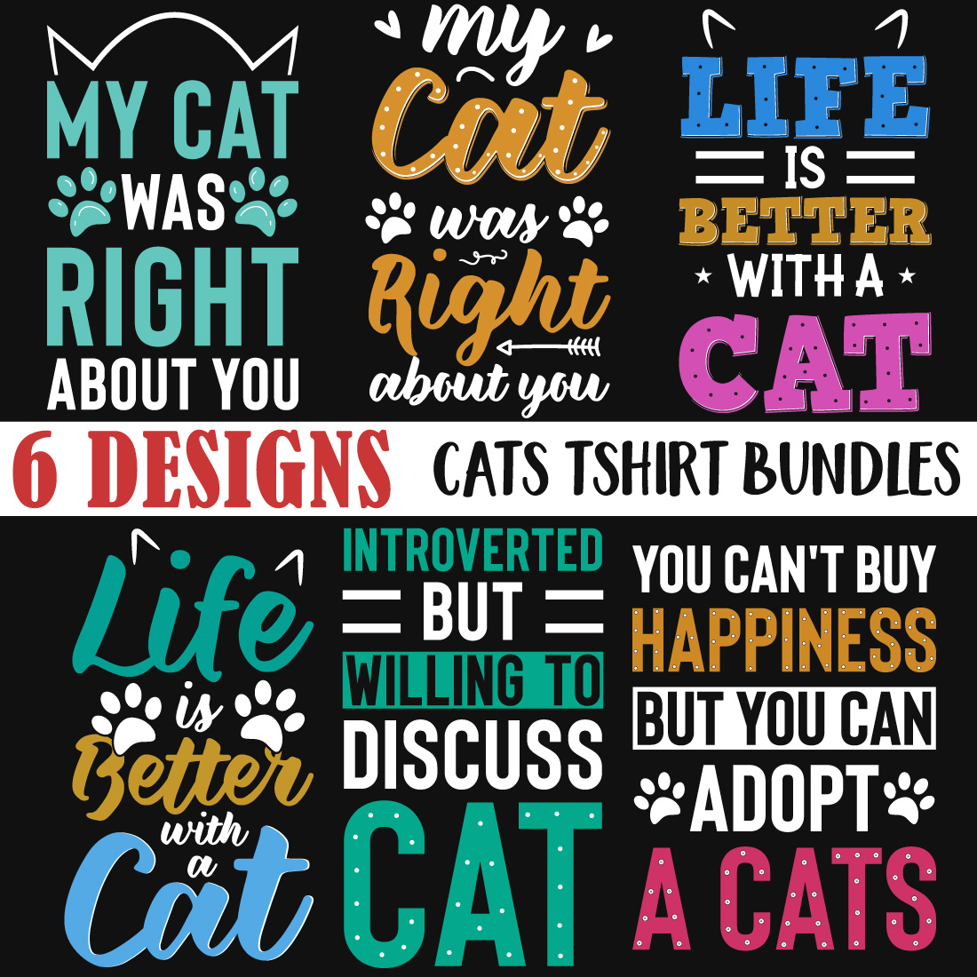 6 Cats T-Shirt Designs Bundle main cover