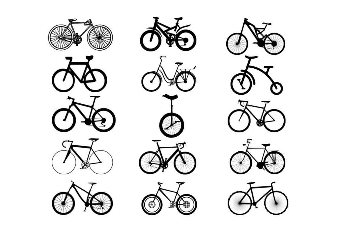 A set of 15 different black bicycle silhouettes on a white background.