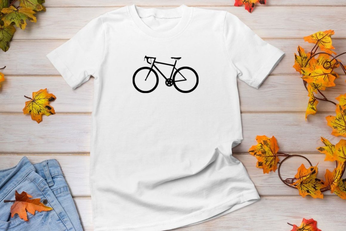 White t-shirt with black silhouette of bicycle.