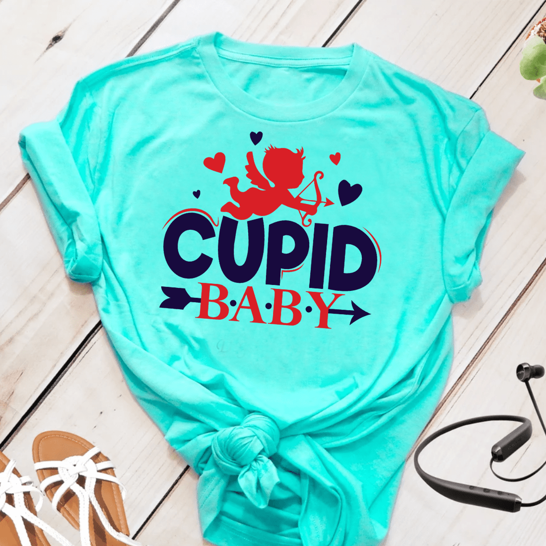 Image of t-shirt with colorful print of baby cupid