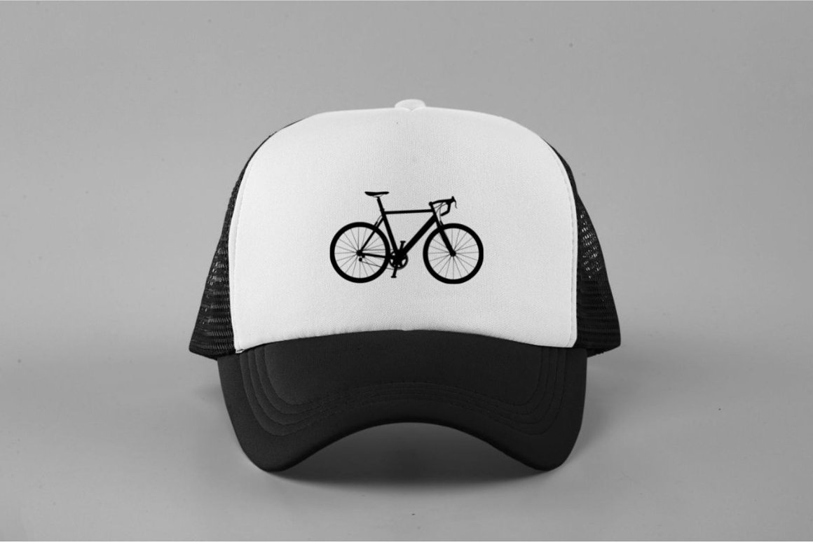 Black and white cap with black bicycle silhouette on a gray background.
