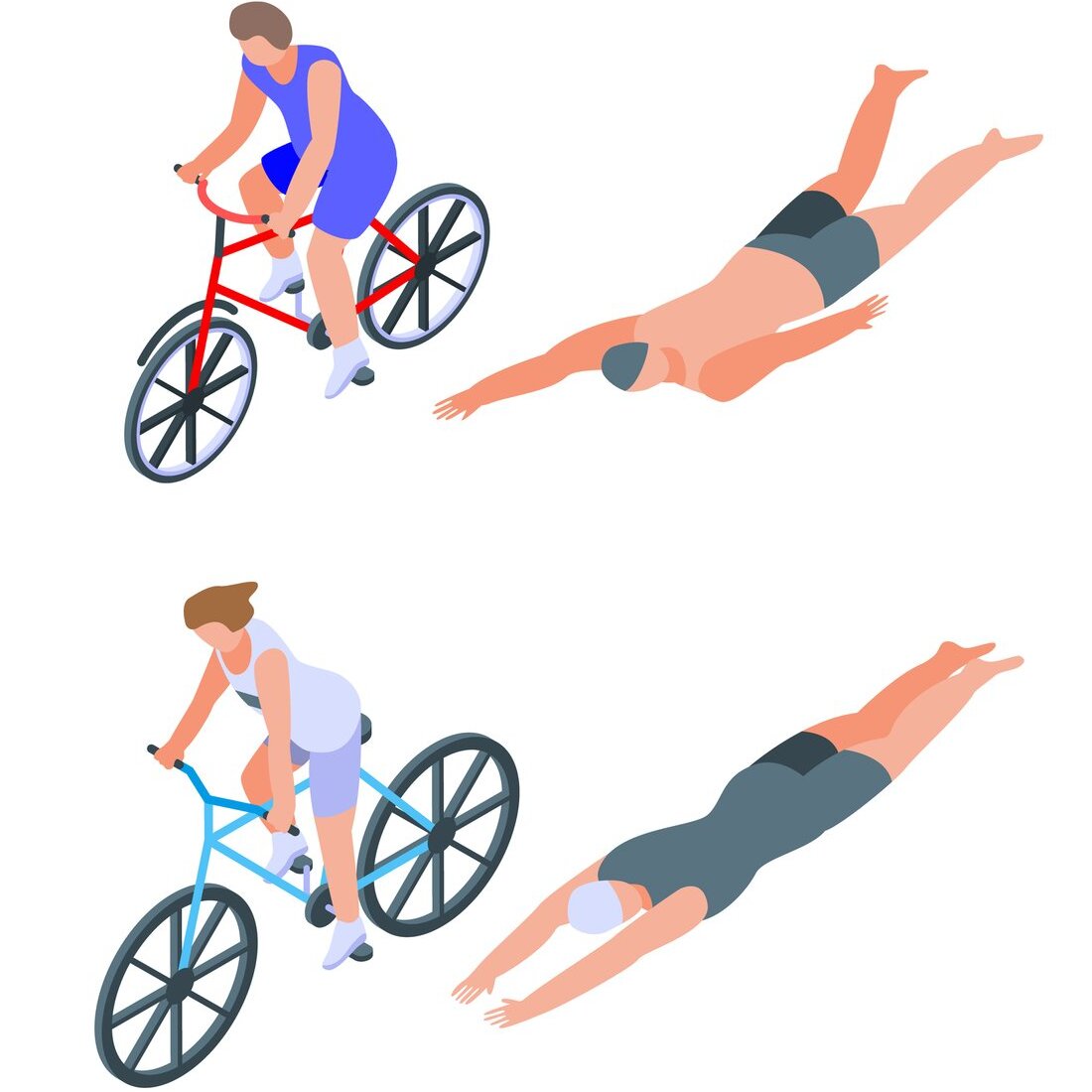 Triathlon icons set, isometric style.