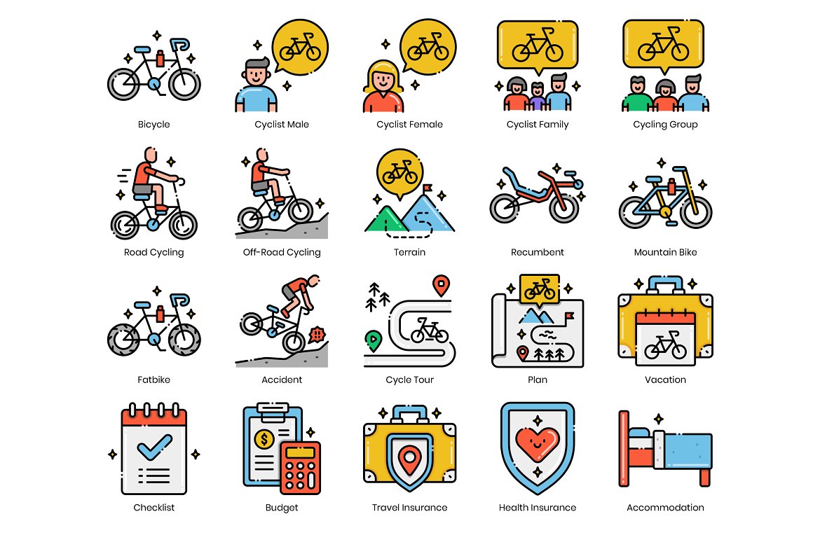 Colorful set of 20 different icons of vacation, cycling and planning tour on a white background.