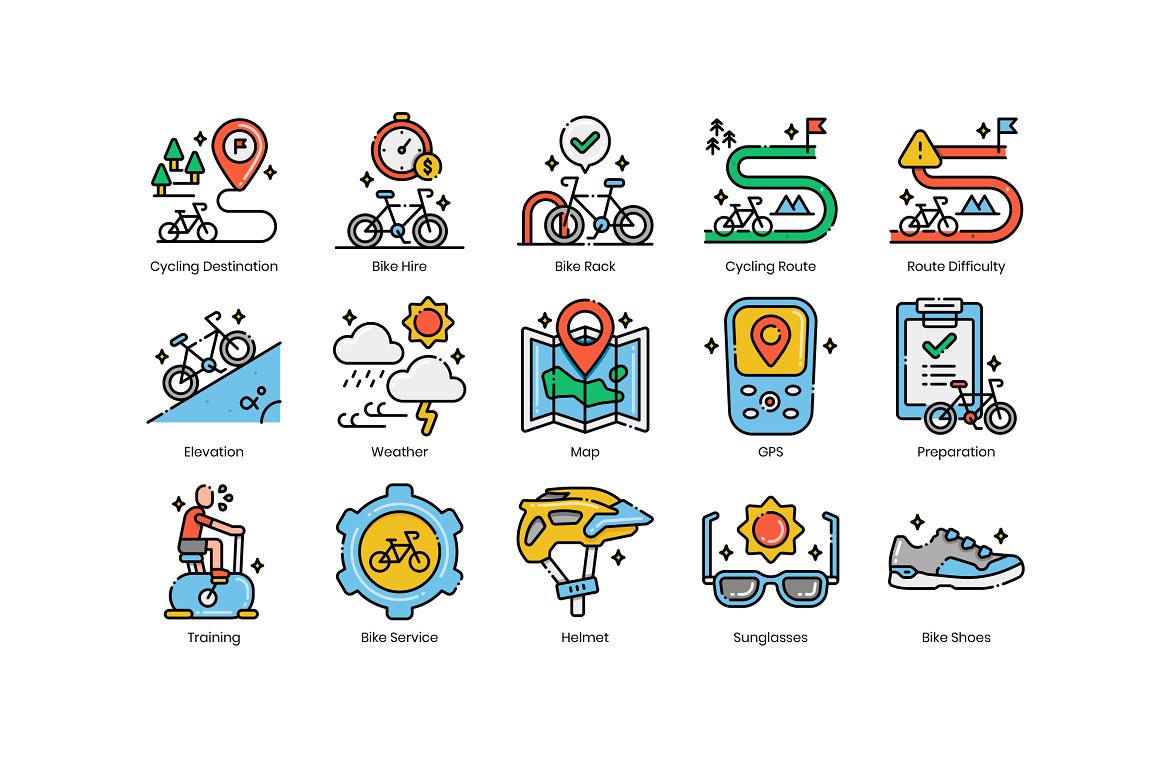 Clipart of 15 different colorful cycling tour icons on a white background.
