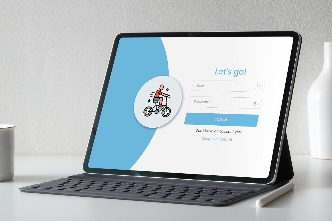 Ipad mockup with login page and icon of cycling.