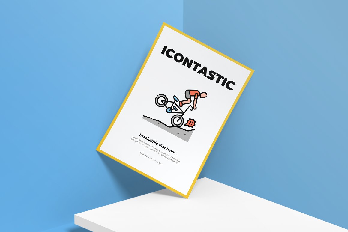 White flyer with black lettering "Icontastic" and icon in yellow frame on a blue background.