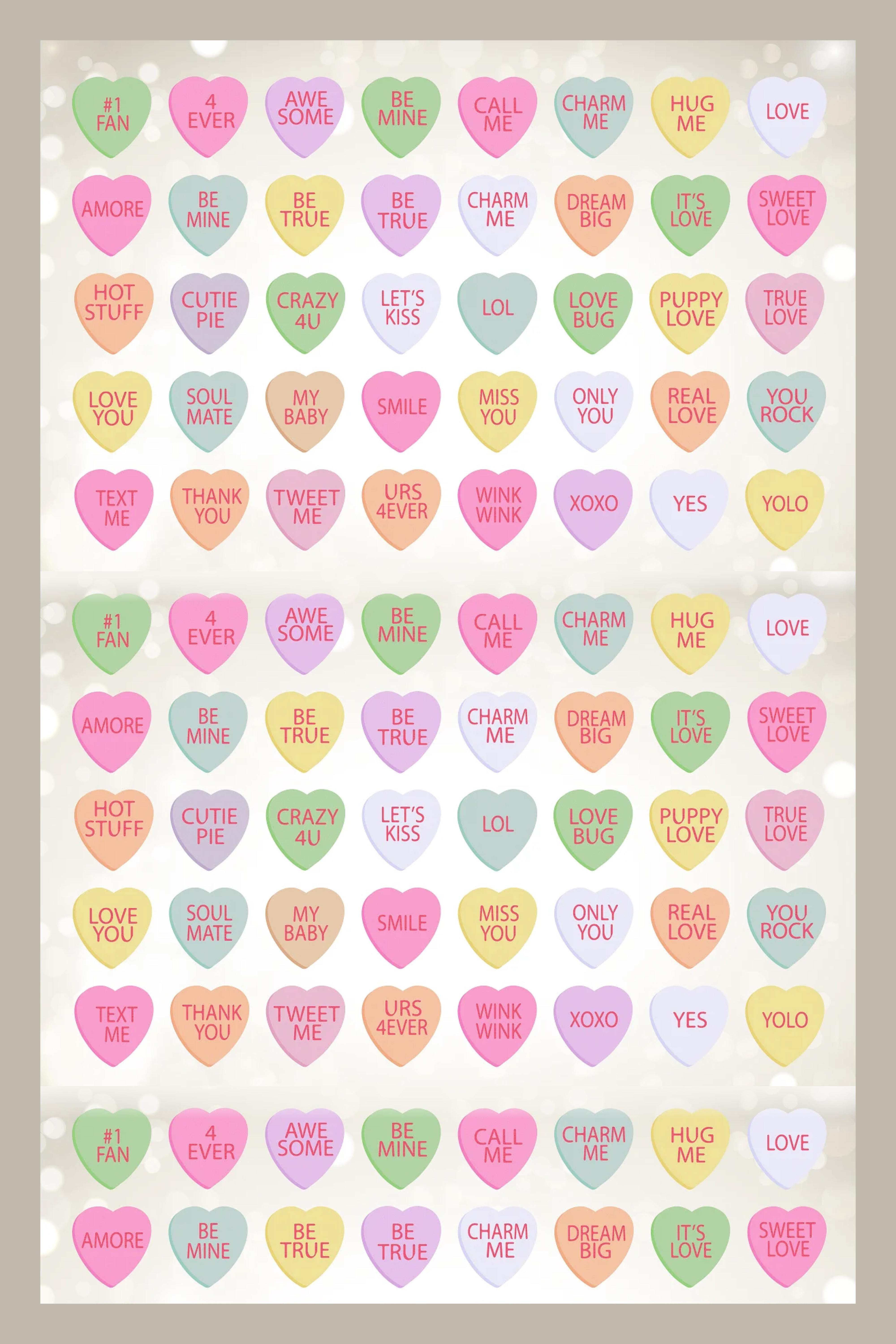 Collage of colorful hearts with cute inscriptions.