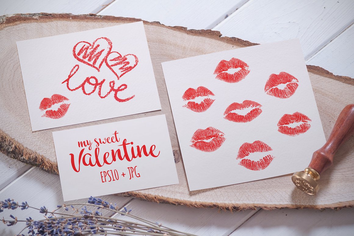 3 white card with pink lettering and valentine kisses illustrations.