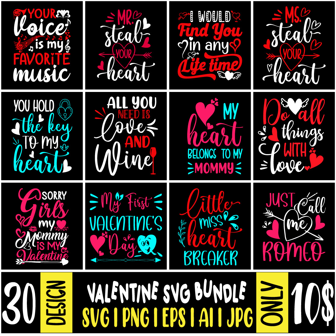Valentine's day T-shirt Design SVG Bundle cover image.