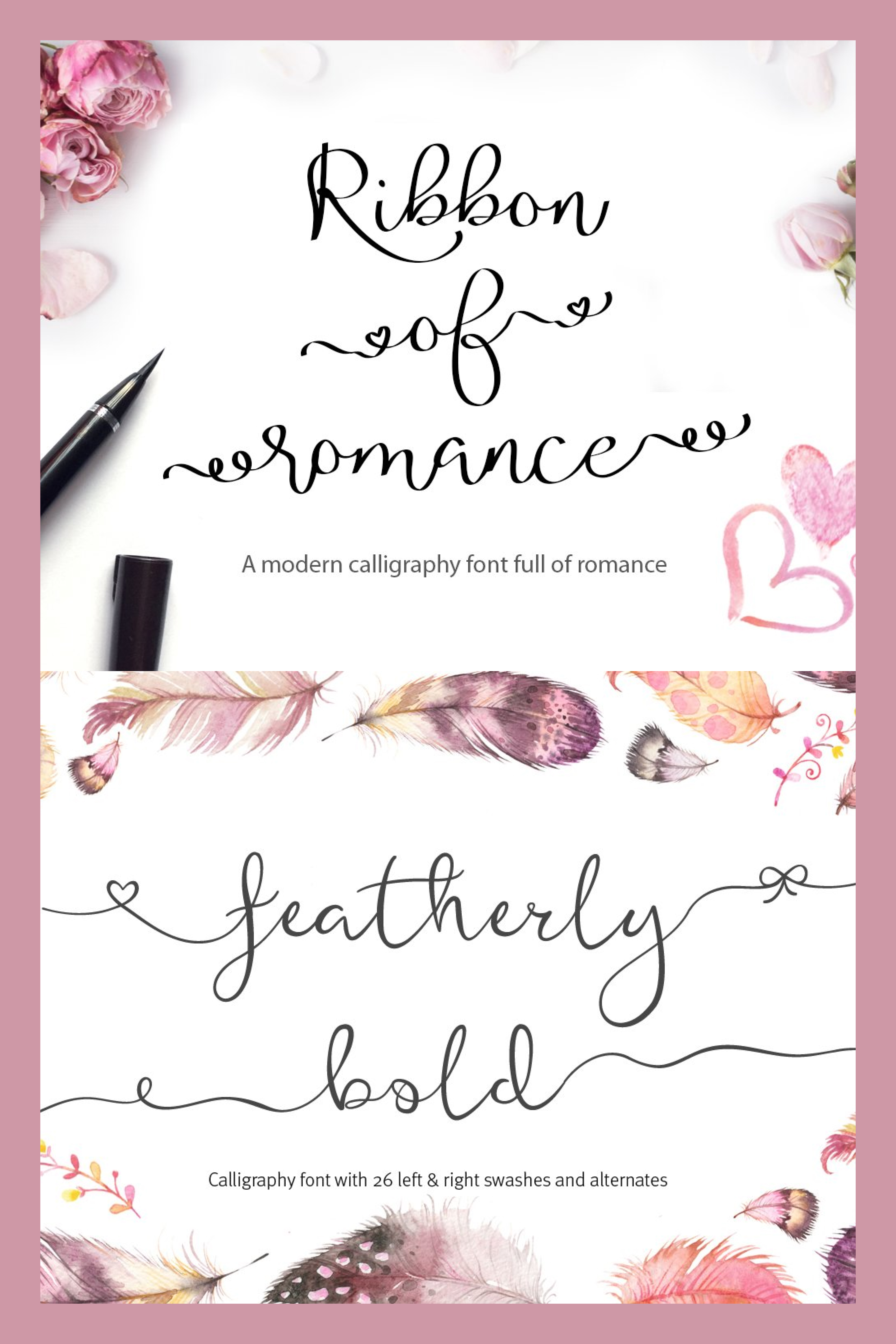 Collage of examples of the use of handwritten fonts on the background of feathers.