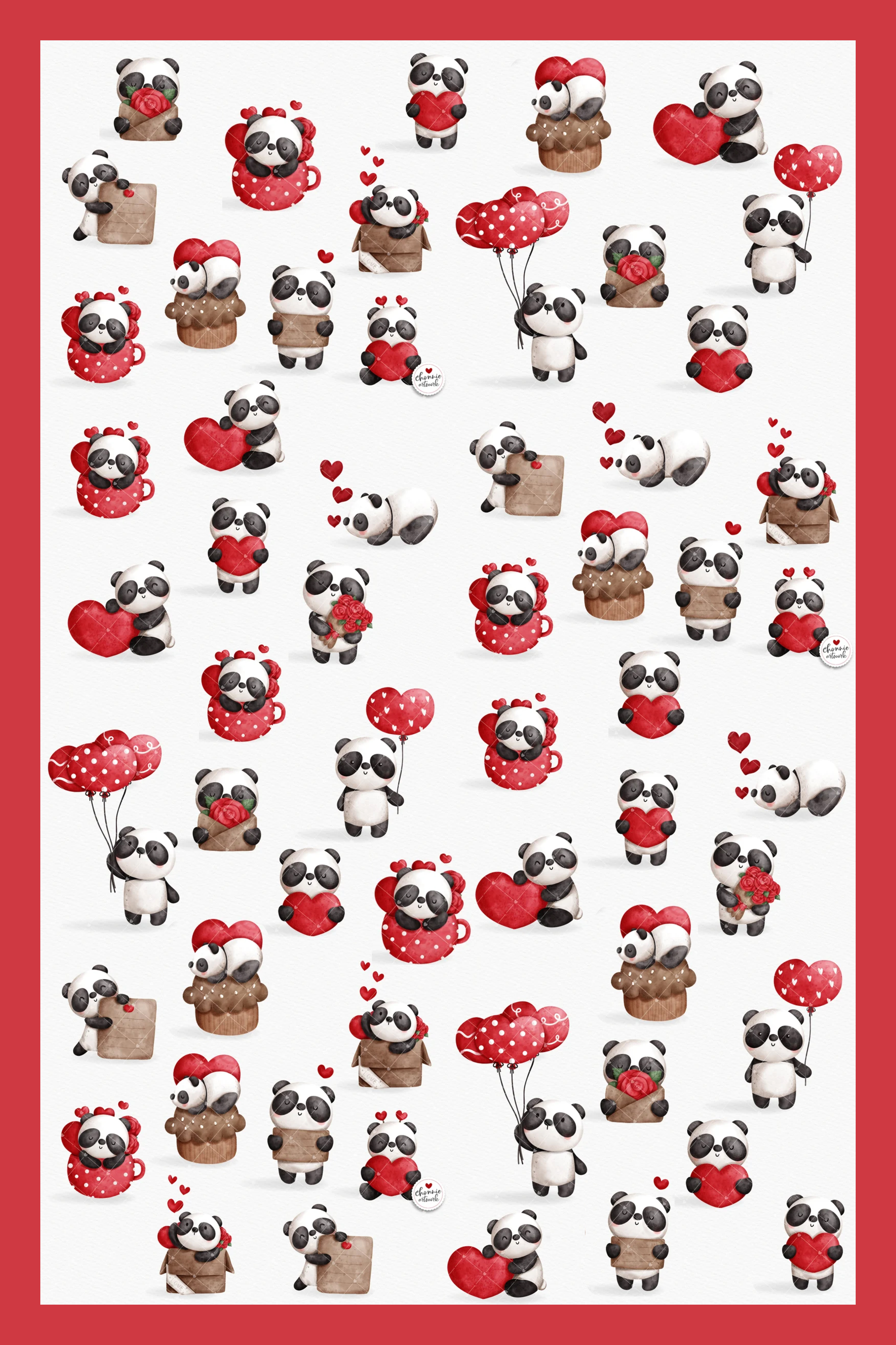 Collage of pandas with red hearts and balloons.