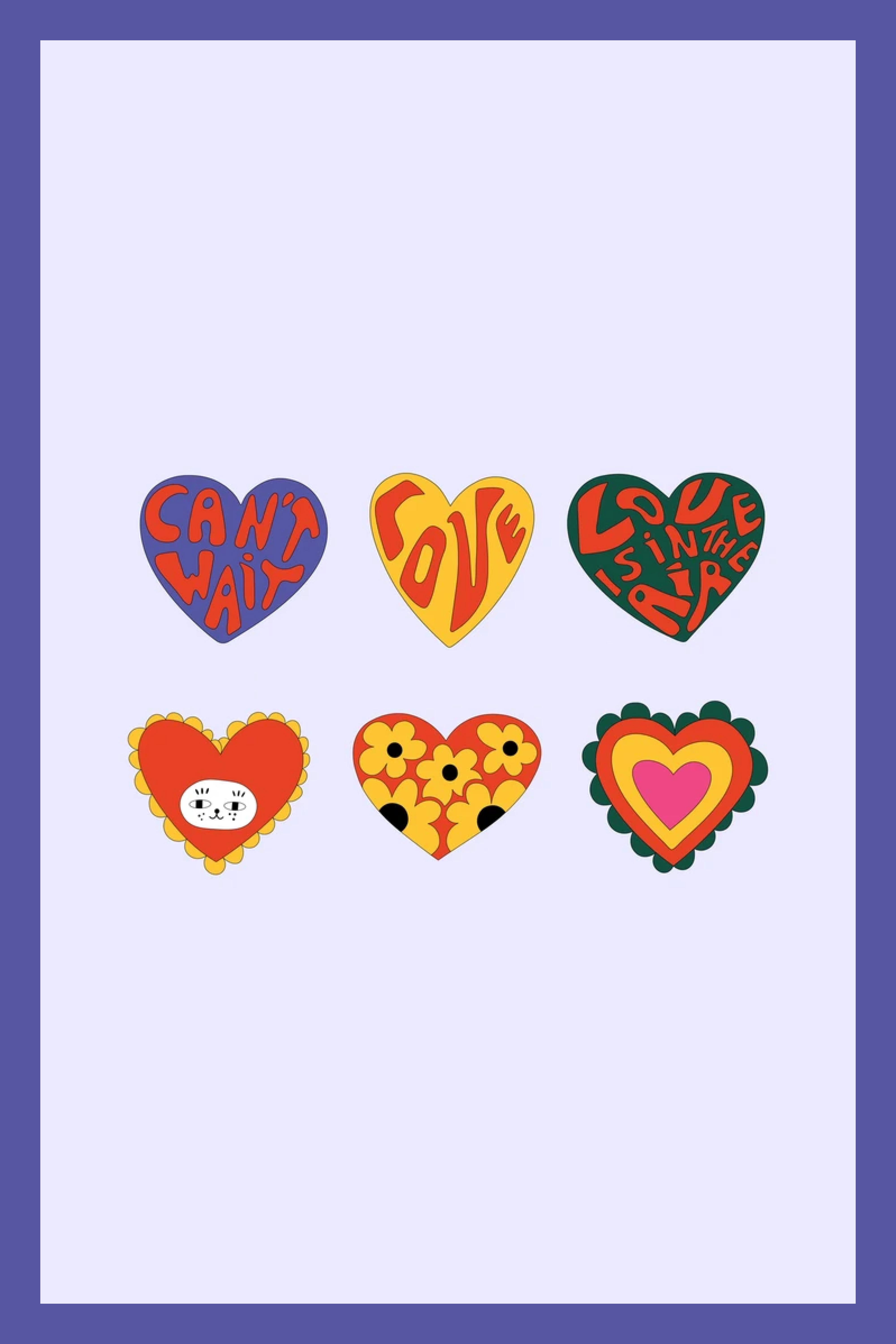 Six hearts in different hippie colors on a purple background.