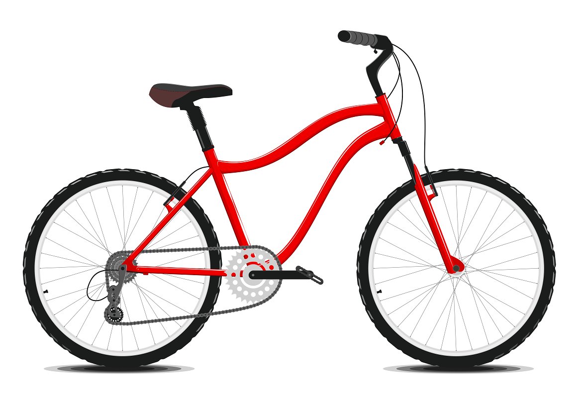 Red and black bicycle illustration on a white background.