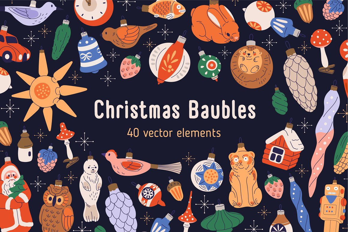 Cover with white lettering "Christmas Baubles" and vintage christmas decorations on a dark blue background.