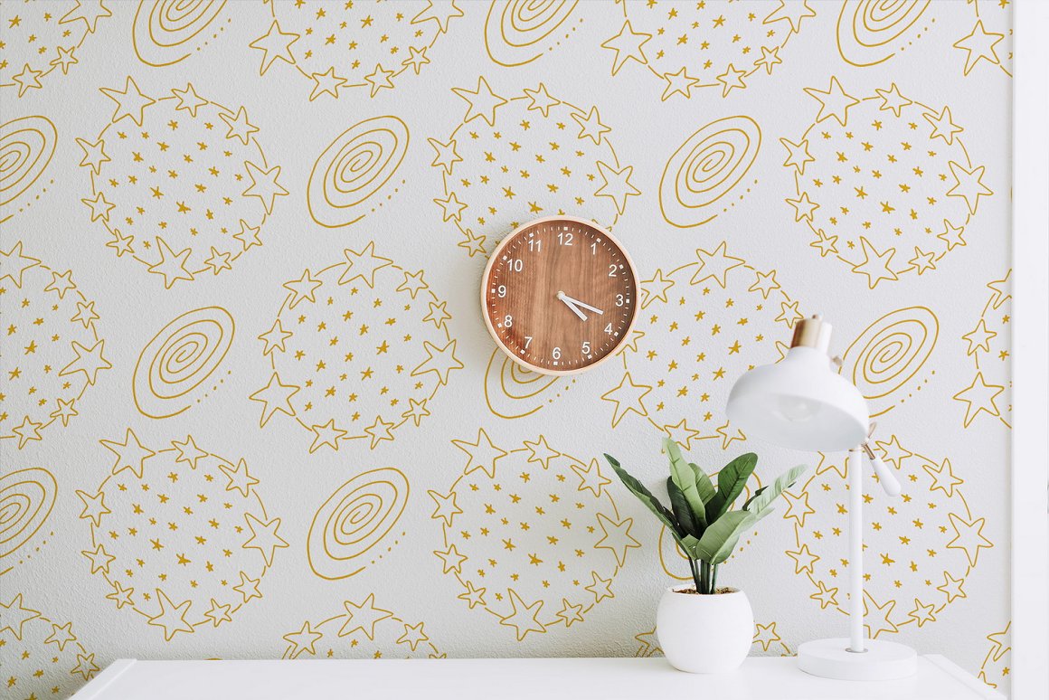 Wallpaper with golden galaxy patterns.