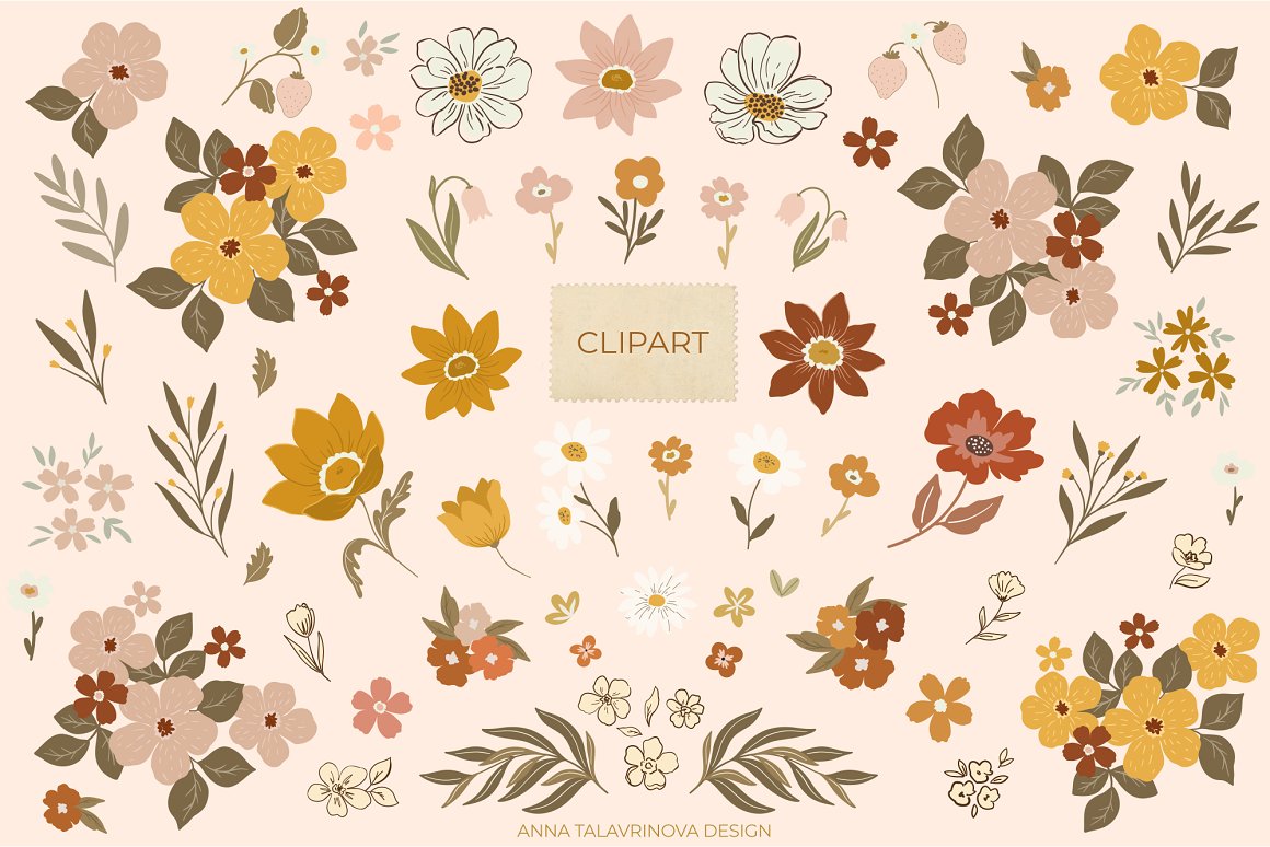 Clipart of different warm florals illustrations.